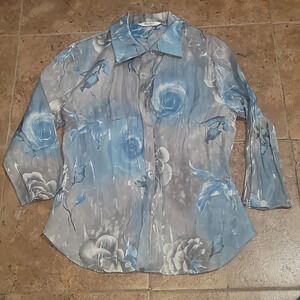 VINTAGE WANKO blue Grey shimmering floral button up 3/4 sleeve top blouse 36